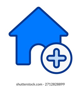 Flat colored home add icon representing new property, housing addition, account creation, and positive real estate actions for apps and interfaces.