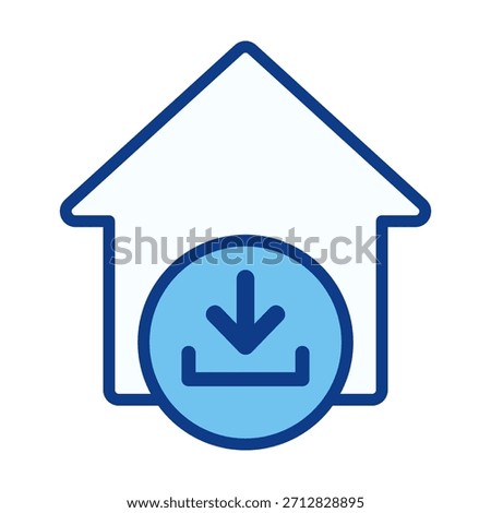 Flat colored home download icon representing file retrieval, housing documents, offline access, and property data downloads for apps.