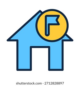 Icono de bandera de casa de color plano para marcar propiedades, resaltar elementos importantes de la vivienda y etiquetar prioridades en interfaces digitales.
