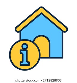 Icono de información de la casa de color plano que muestra detalles de la vivienda, ayuda de la propiedad, acceso a la información y guía del usuario en App y plataformas digitales.