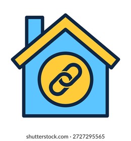 Ícone de link de casa de cor plana representando conexão de propriedade, acesso on-line, navegação de habitação e recursos vinculados para plataformas digitais.
