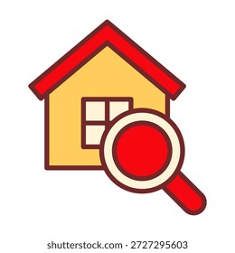 Icono de búsqueda de casa de color plano que representa la búsqueda de propiedades, descubrimiento de viviendas, herramientas de búsqueda de bienes raíces y opciones de filtrado.