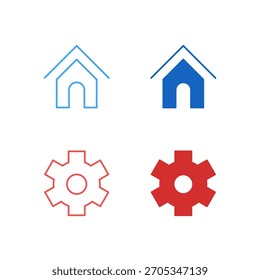 Flat Colored Home and Settings Icon Set in Outline and Solid Style for System Navigation