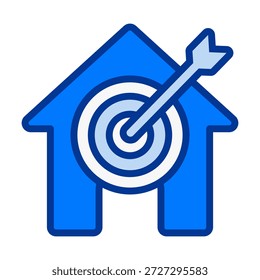 Icono de objetivo de casa de color plano que representa objetivos de propiedad, áreas de enfoque de vivienda, objetivos inmobiliarios y marcadores estratégicos.