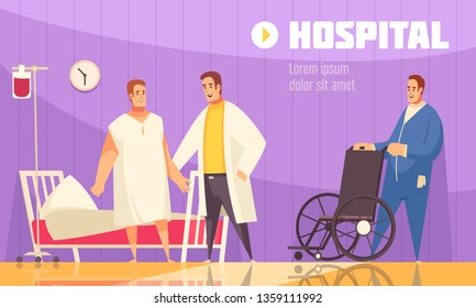 Flat and colored hospital composition with doctor and nurse helping the patient vector illustration