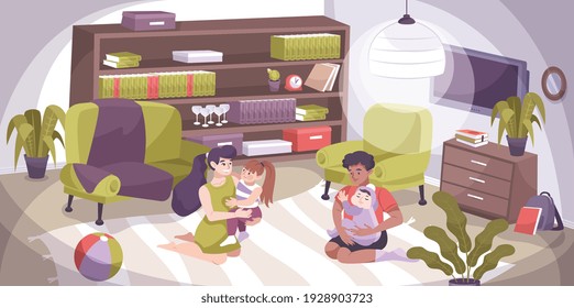 Flat colored hug kid composition with family together at home hug and happy vector illustration