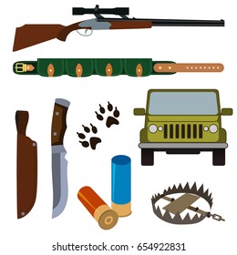 Flat colored hunting icons set of isolated objects on white background vector illustration.
