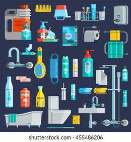 Flat colored hygiene icons set of bathroom equipment elements detergent toiletries at dark blue background isolated vector illustration  