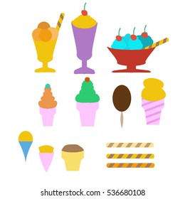 Flat colored ice cream sticks various types