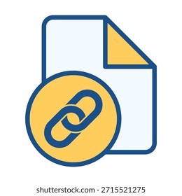 Icono de color plano de un archivo con un símbolo de conexión de Enlace, adecuado para archivos adjuntos, archivos conectados, documentos compartidos y acceso digital.