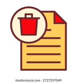 Flat colored icon of a file with a trash bin symbol, great for delete actions, file cleanup, and digital removal tasks.
