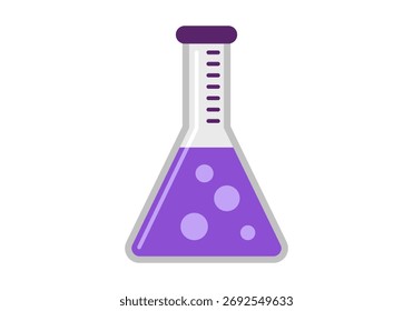 Flat colored icon of flask representing laboratory experiment, chemistry research, and medical testing visuals.