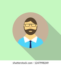 Flat colored icon of a man with a beard with glasses, long shadow