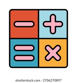 Flat colored icon of math symbols representing calculation, education, and classroom learning materials for academic designs.