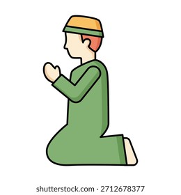 Icono de color plano de un hombre musulmán rezando, ideal para la adoración­ obras de arte temáticas, diseños de Ramadán y contenido espiritual islámico.