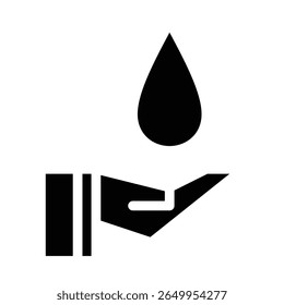 Flat colored icon of an open hand holding a blue water droplet. Represents themes such as water conservation, hygiene, donation, charity, clean water access, and humanitarian aid.