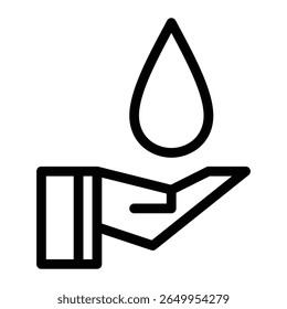 Flat colored icon of an open hand holding a blue water droplet. Represents themes such as water conservation, hygiene, donation, charity, clean water access, and humanitarian aid.