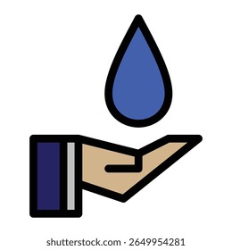Flat colored icon of an open hand holding a blue water droplet. Represents themes such as water conservation, hygiene, donation, charity, clean water access, and humanitarian aid.