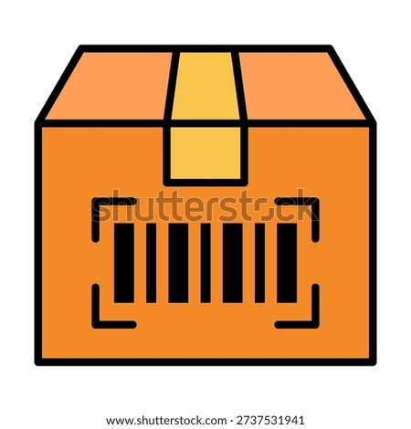 Flat colored icon of package delivery box with barcode representing shipment tracking, warehouse scanning process, retail logistics system and automated inventory control.