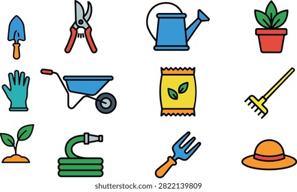 Flat colored icon set for gardening including trowel pruners watering can pot gloves wheelbarrow seeds and rake.