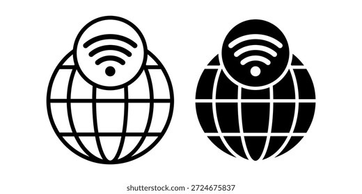 Ícone de cor plana mostrando um globo com sinal WiFi, perfeito para conectividade mundial, comunicação on-line e acesso global à Internet.