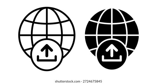 Icono de color plano que muestra un globo con una flecha Cargar, ideal para compartir en línea, Envío global, acciones de transferencia y procesos en la nube.