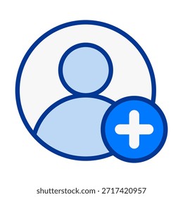 Icono de color plano que muestra la persona del usuario con el símbolo de agregar para el registro del perfil de creación de nueva Cuenta y la administración de miembros.
