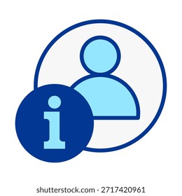 Flat colored icon showing user person with info symbol for profile details and user information.
