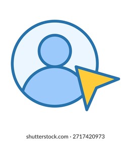 Flat colored icon showing user person with cursor click symbol for interaction selection and action control.