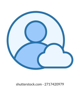 Icono de color plano que muestra a la persona del usuario con el símbolo de la nube para la sincronización de almacenamiento en línea y el acceso remoto.