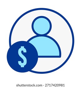 Ícone de cor plana mostrando a pessoa do usuário com símbolo de dólar para receita de pagamento e conta financeira.