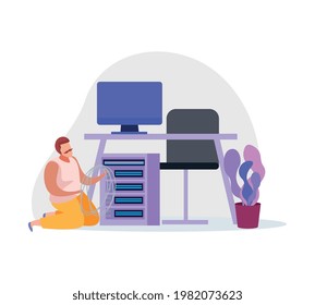 Icono de color plano con el administrador del sistema en funcionamiento en ilustración vectorial de oficina