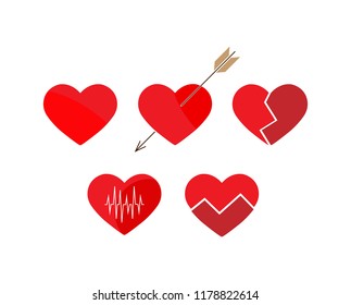 Flat colored icons of heart silhouettes 