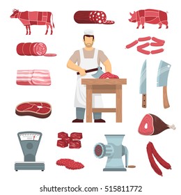 Flat colored icons set of meat products butchers guide images vintage grinder and scales isolated vector illustration    