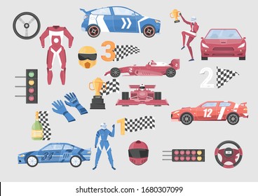 Flat colored icons set with racing cars racers and other elements isolated on grey background vector illustration