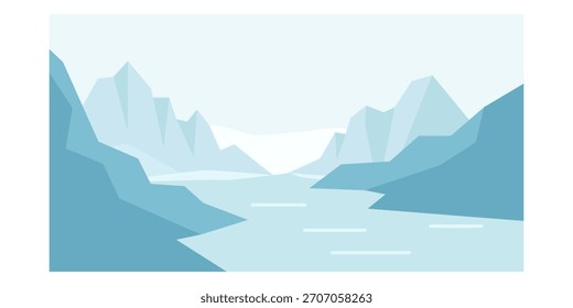 Flat colored illustration of a frozen cold valley landscape ideal for winter scenery, nature themes, and arctic designs.