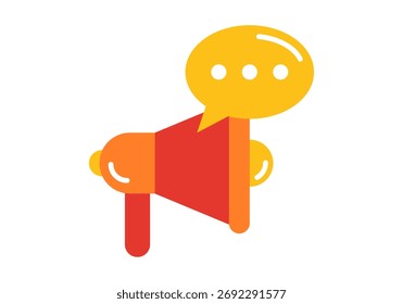 Ilustración de color plano de un megáfono con una burbuja de discurso que representa la campaña publicitaria, la comunicación y la promoción de marketing.