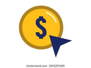 Flat colored illustration of pay-per-click symbol with arrow and dollar sign, perfect for digital marketing and online advertising visuals.