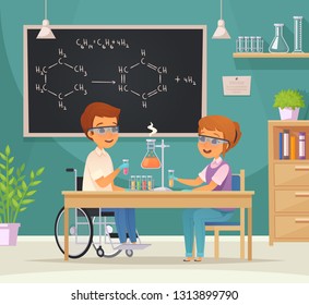 Flat colored inclusion inclusive education cartoon composition two pupils in the laboratory vector illustration