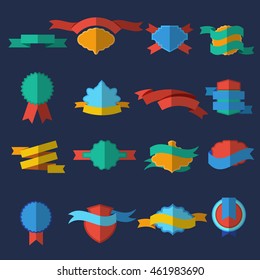 Flat colored and isolated design labels and ribbons set for different purposes vector illustration