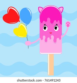 Flat colored isolated striped ice cream sprinkled with a pink glaze. On a wooden stick. With a bunch of bright water balloons in his hand. A simple drawing on a blue background.