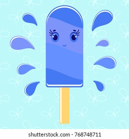 Flat colored isolated striped ice cream sprinkled with glaze of blue color. On a wooden stick. With splashes of water on a blue background.