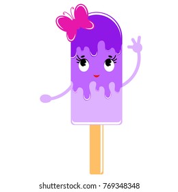 Flat colored isolated striped ice cream glazed with violet. On a wooden stick. With a little pink butterfly. Simple drawing on a white background.