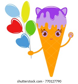 Flat colored isolated striped ice cream in a waffle cup sprinkled with syrup of purple. With small cat ears. With a bunch of bright balloons in his hand. Simple drawing on a white background.