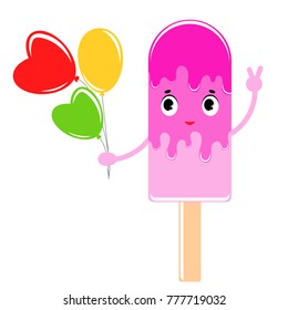 Flat colored isolated striped ice cream sprinkled with a pink glaze. On a wooden stick. With a bunch of bright water balloons in his hand. Simple drawing on a white background.