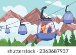 Flat colored landscape cableway tourists climb the mountains and watch the surrounding countryside from glass booths composition vector illustration