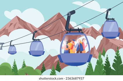 Los turistas de transporte por cable del paisaje de color plano trepan las montañas y observan el campo circundante desde cabinas de vidrio composición ilustración vectorial