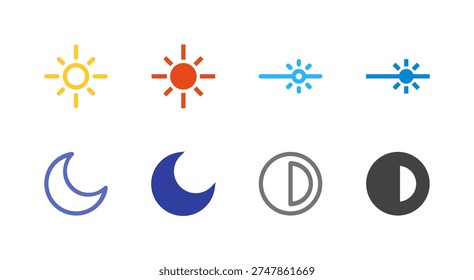 Flat Colored Light mode, Night mode, Brightness, Contrast Icon Set for System Interface