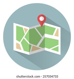 Flat colored location icon with long shadow.