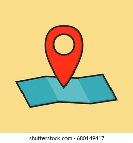 Flat colored location icon. pin sign with blue map in linear style. vector illustration isolated on the background. 